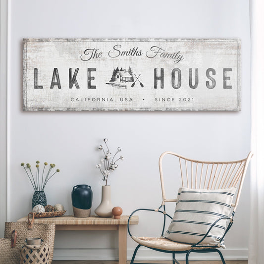 Personalized lake house cabin canvas sign with name and year, rustic style, ready to hang