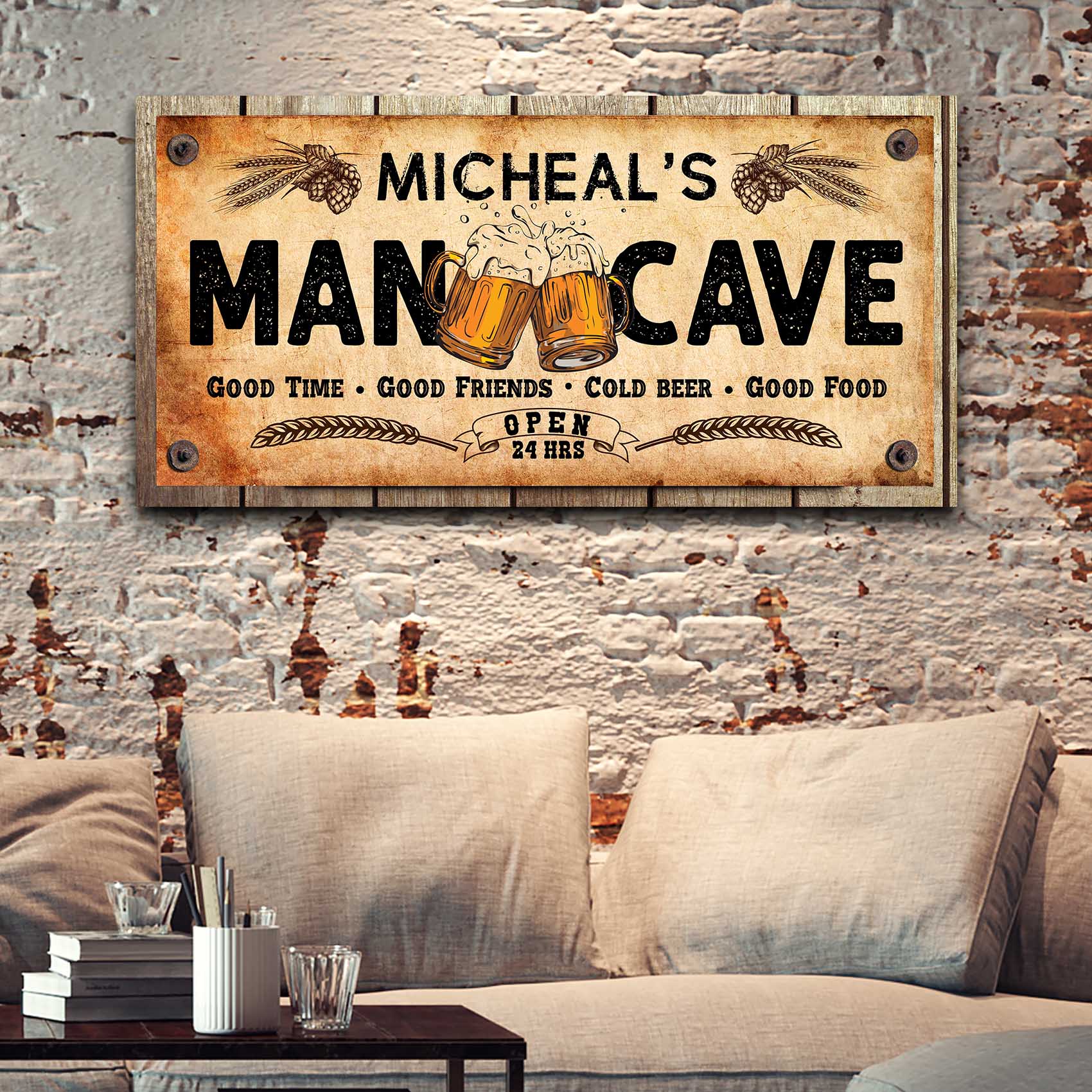 Man Cave canvas sign — bold home bar and man cave wall decor, gallery-wrapped canvas