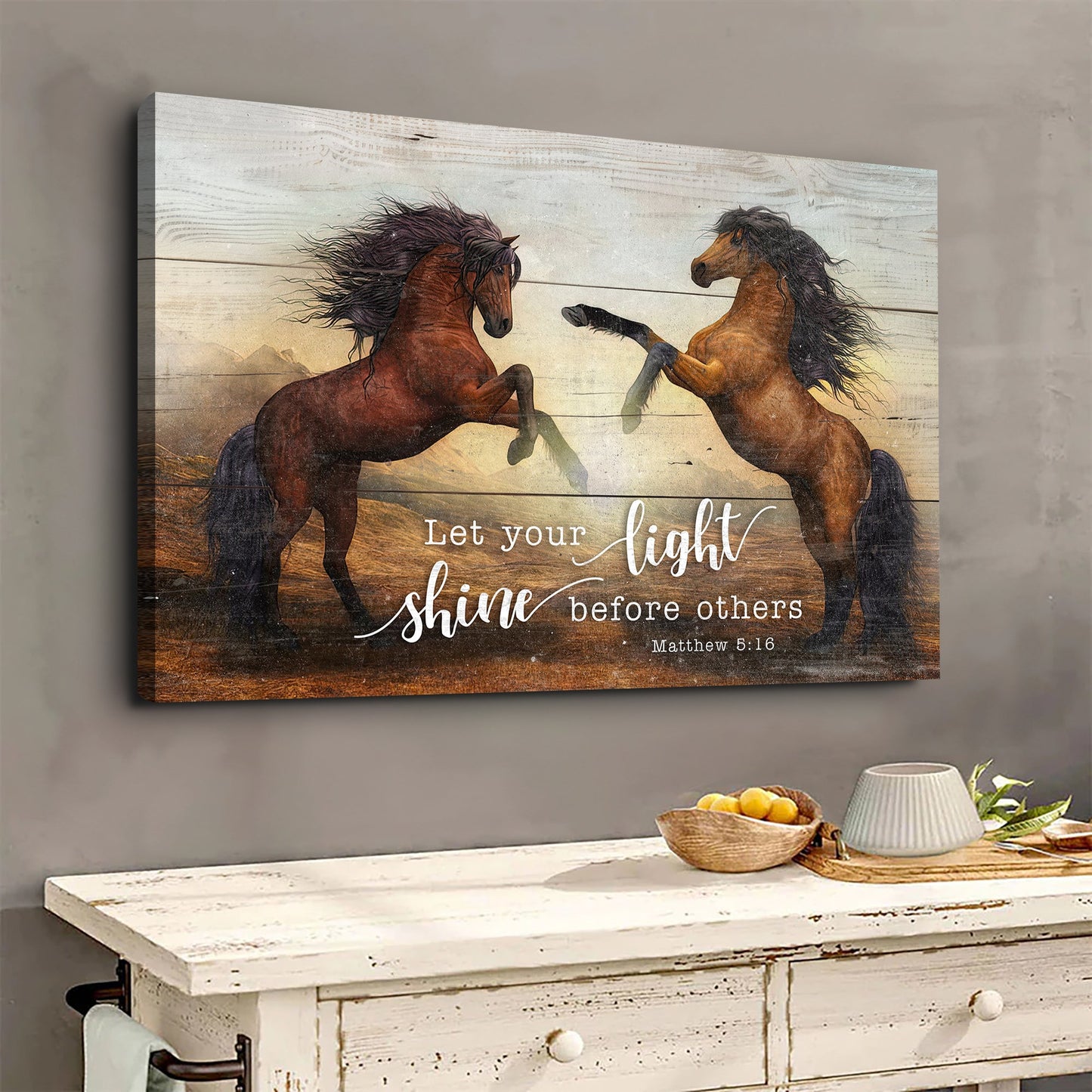 Matthew 5:16 Let Your Light Shine faith canvas with bold scripture typography for Christian decor