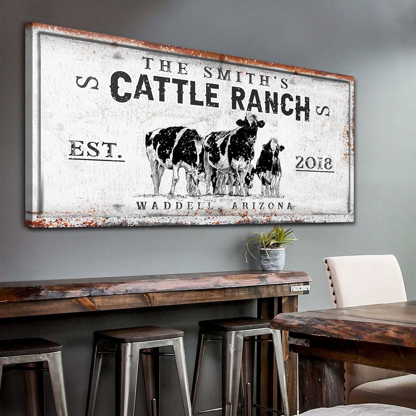 Cattle ranch sign canvas wall art with bold Western farmhouse design