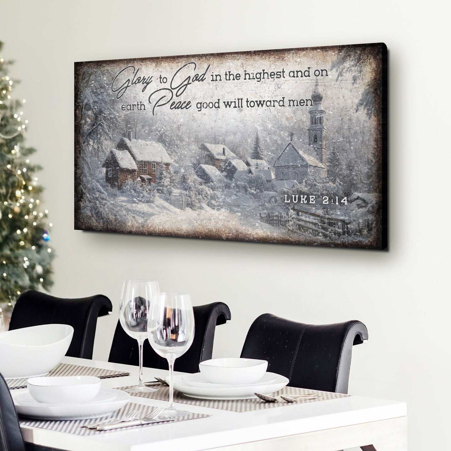 Vintage Christmas Village Luke 2:14 Scripture Canvas