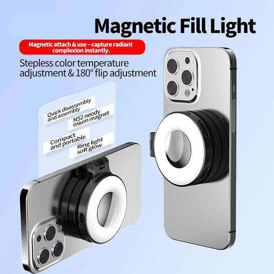 Magnetic Fill Light attachment on a smartphone with features highlighted on a light blue background.