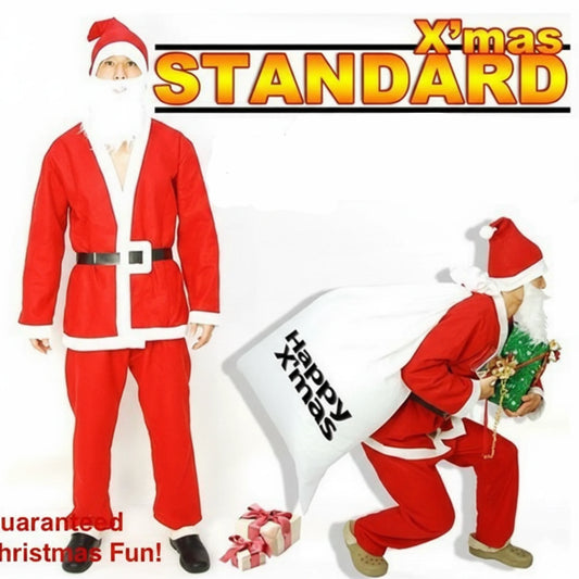 Man wearing Santa Claus costume showing full outfit with white trim and black belt