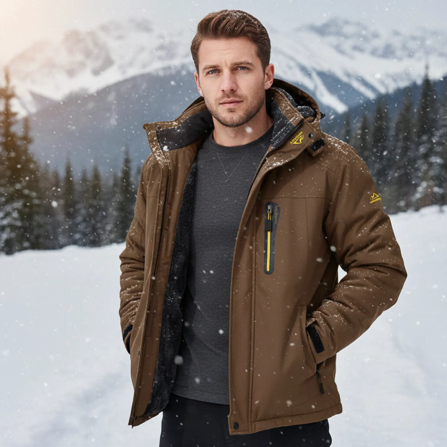 Man wearing a brown winter sky jacket in a snowy mountain landscape