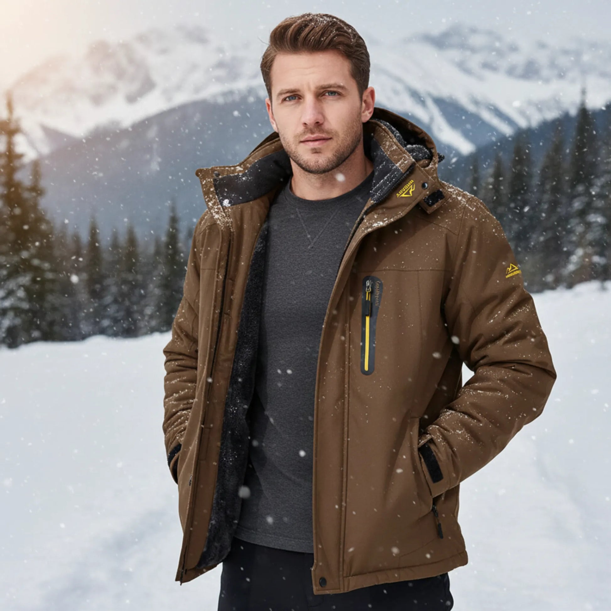 Man wearing a brown winter sky jacket in a snowy mountain landscape