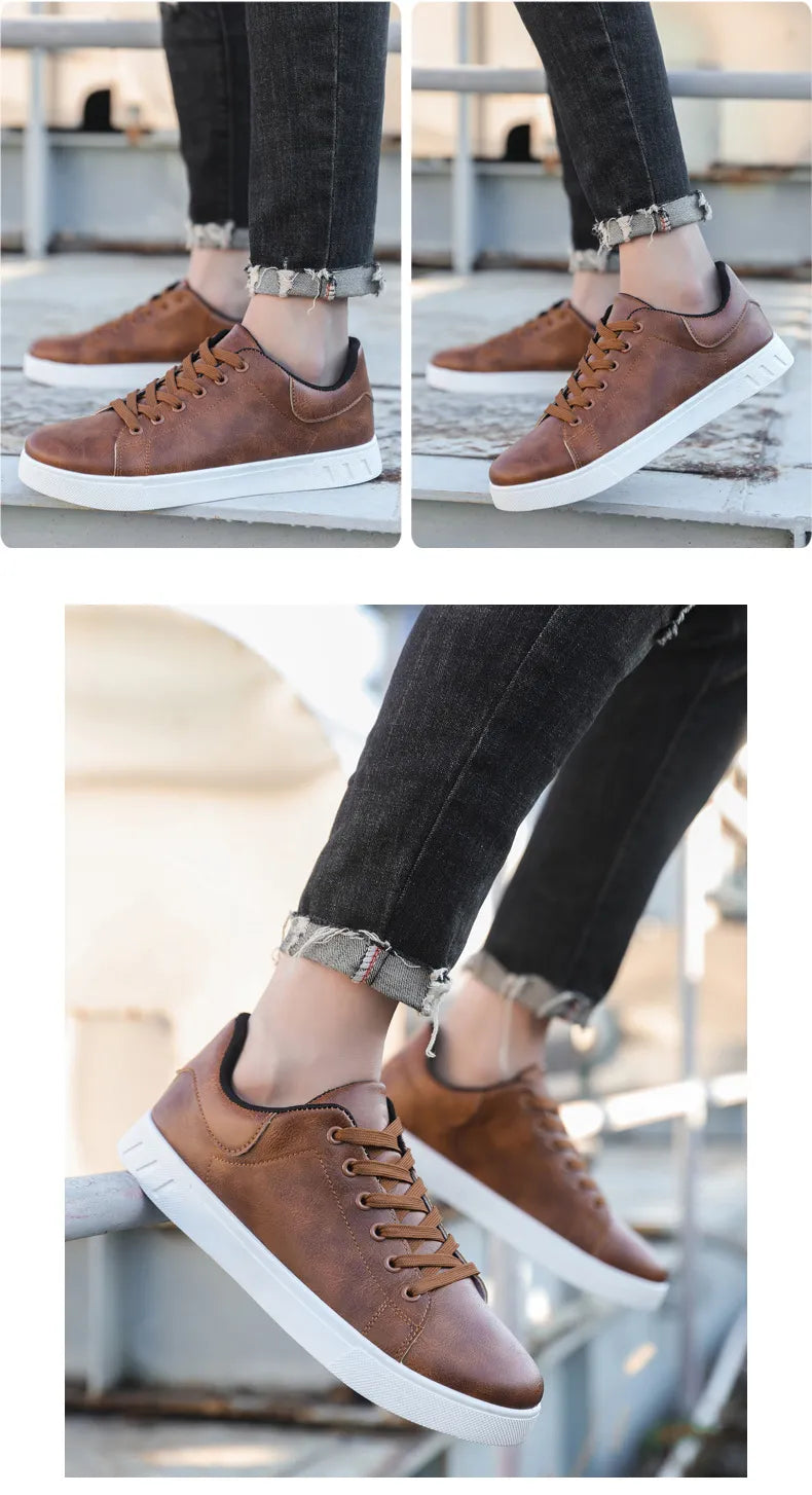 Man wearing brown leather sneakers with jeans casual everyday style