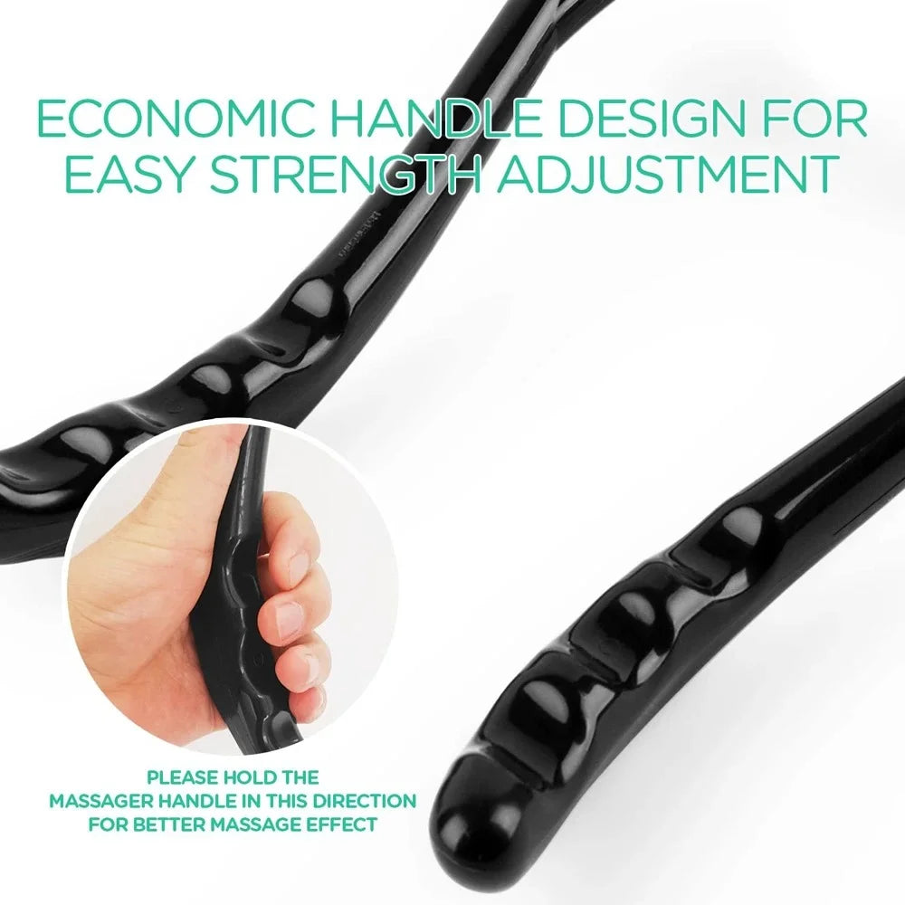 Manual massage tool showing adjustable intensity grip positions