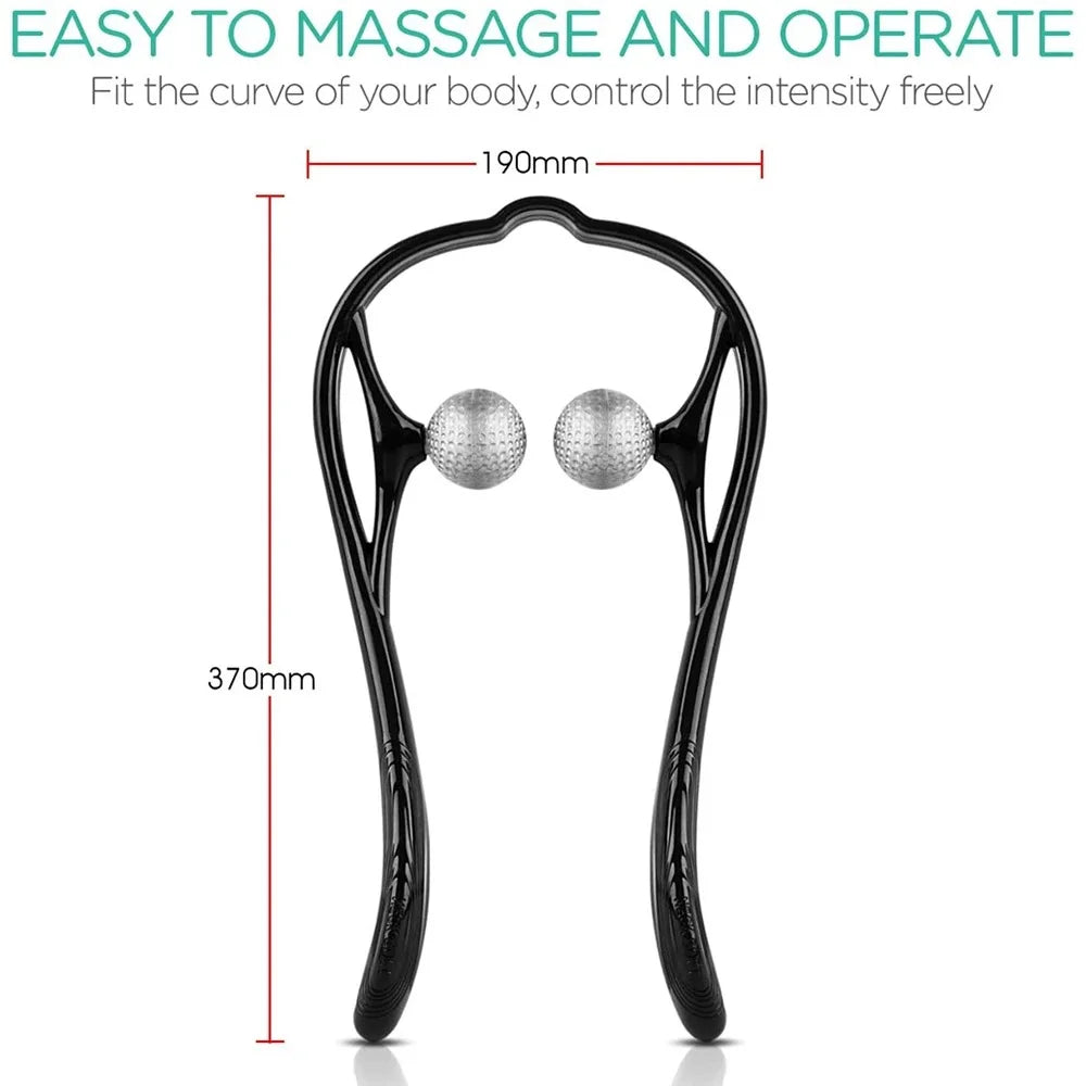 Manual trigger point massage tool showing curved design size and textured balls