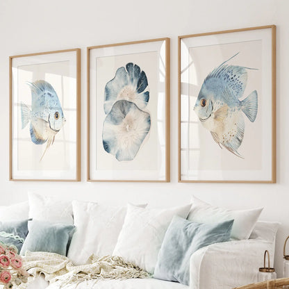 Modern Watercolor Coastal Fish Wall Art Poster Set