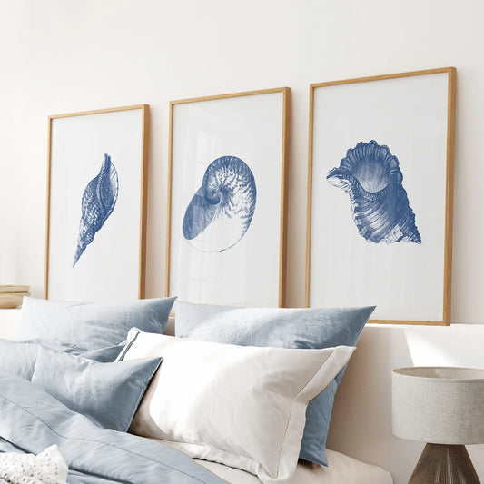 Navy blue ocean shell sea theme coastal wall art print set