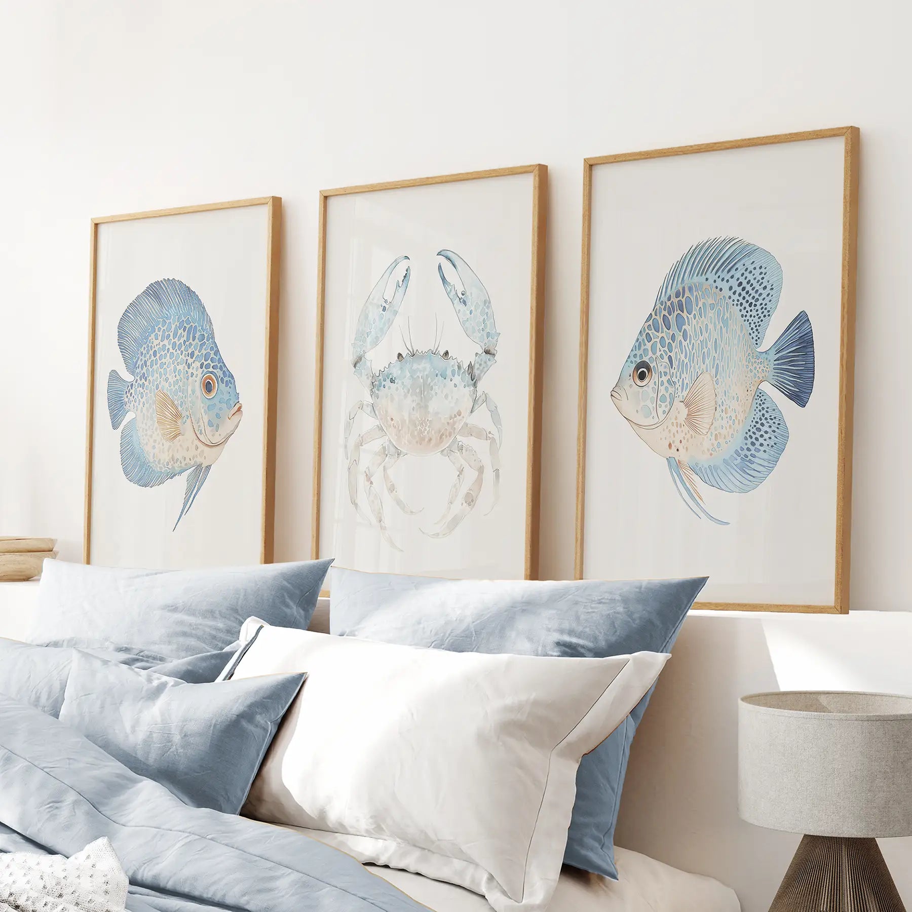 Coastal ocean life wall art set of 3 with watercolor fish and a blue crab