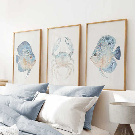 Coastal ocean life wall art set of 3 with watercolor fish and a blue crab