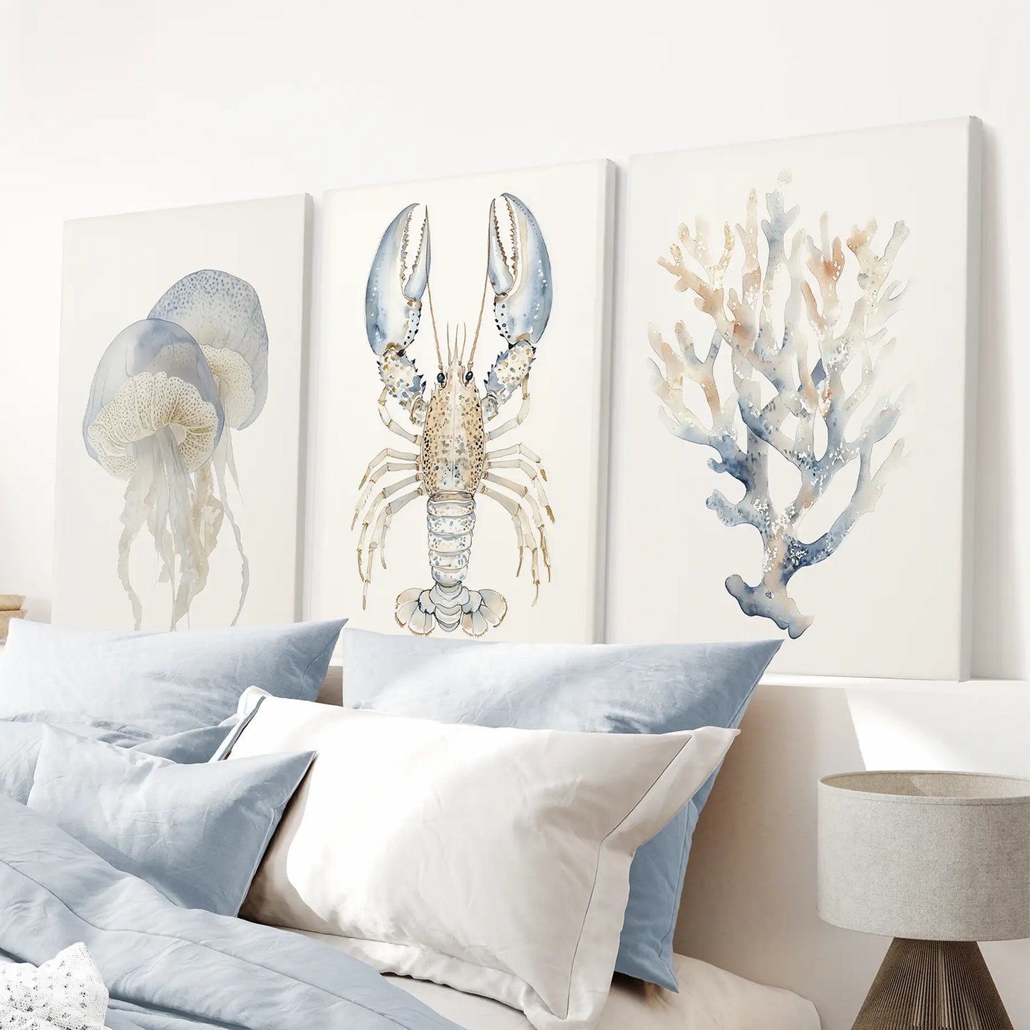 Ocean Animal Wall Art Set of 3, Jellyfish Lobster Coral