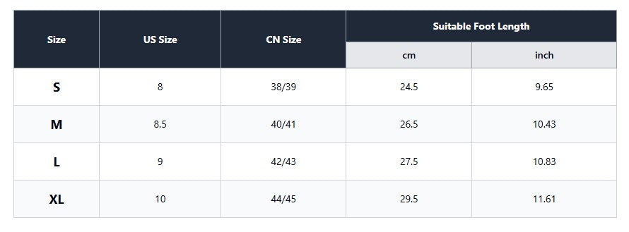 Massage slippers size chart showing foot length in cm and inches for sizing guidance