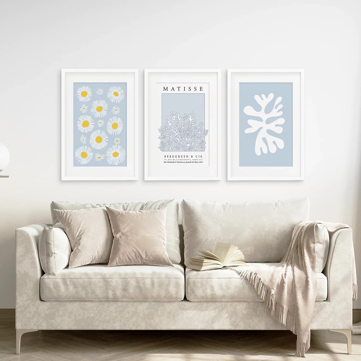 Blue Abstract Wall Art Set of 3, Leaf and Cut-Out Prints