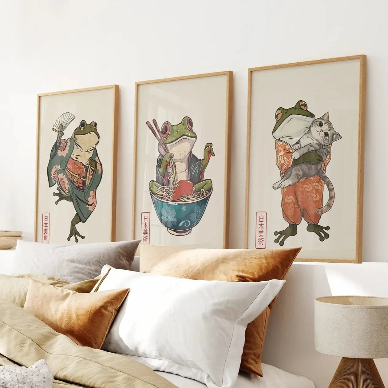 Funny frog and cat Japanese art set of 3