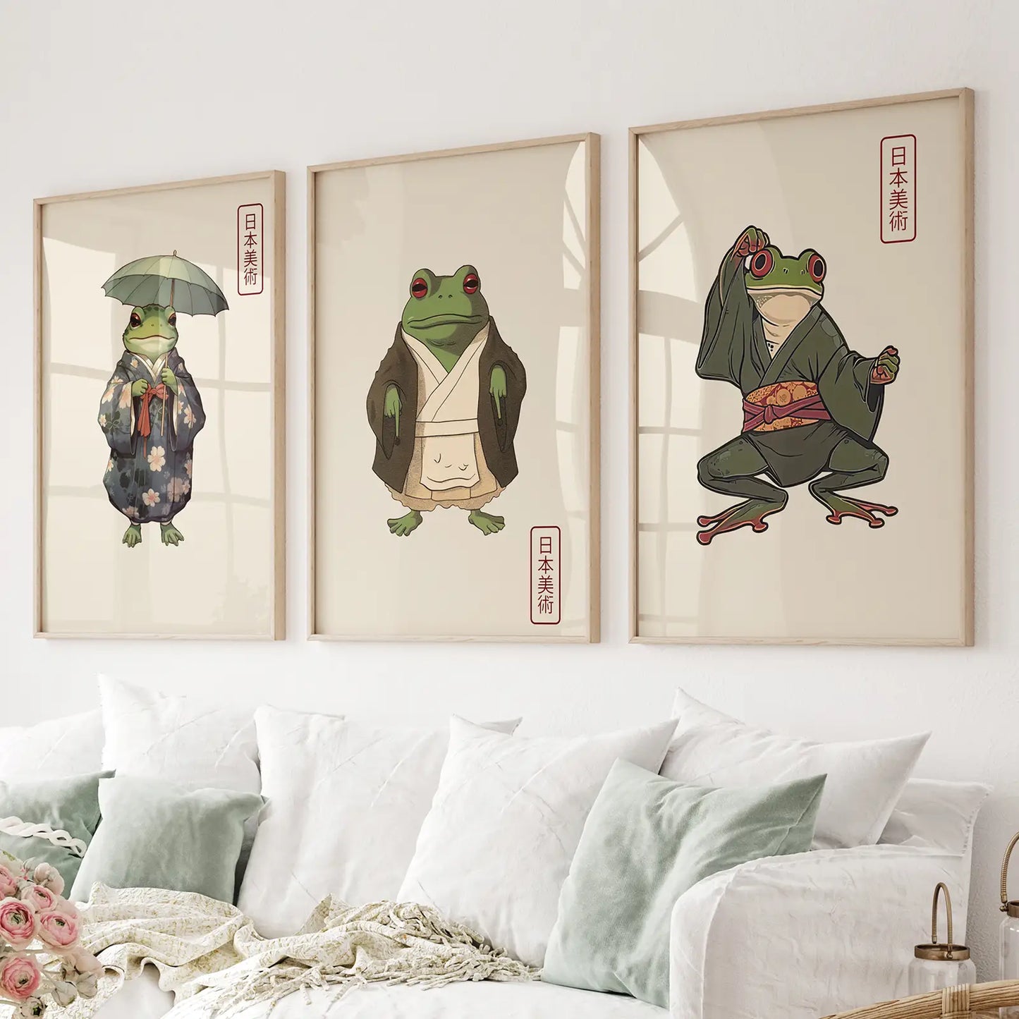 Whimsical Japanese frog wall art set of 3 kimono prints
