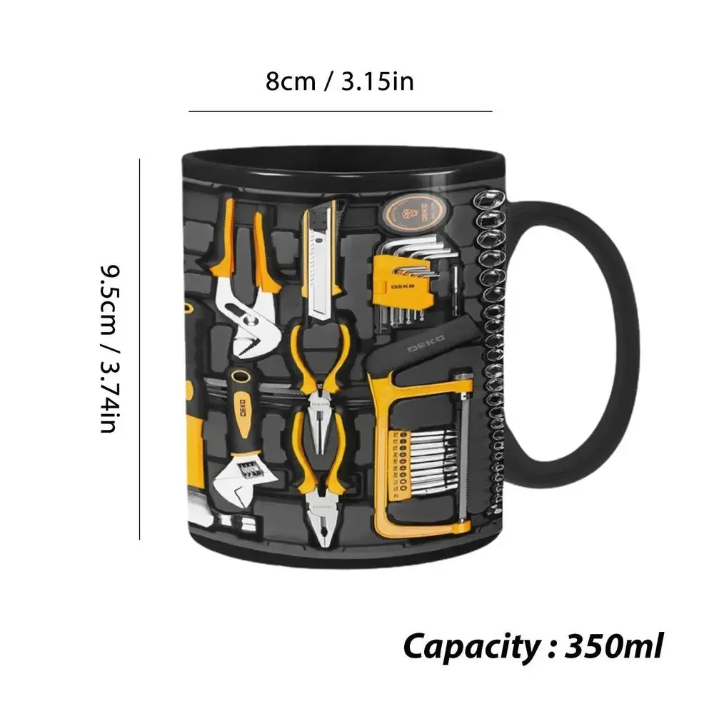 Mechanic toolbox ceramic mug dimensions 350ml capacity - 9.5cm height by 8cm diameter coffee cup