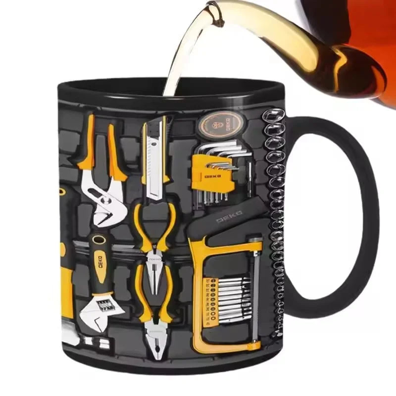 Mechanic toolbox mug being filled with hot beverage - creative household coffee cup with tool print