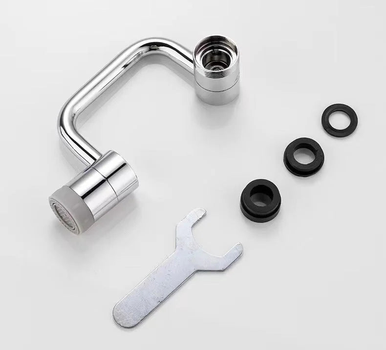 Mechanical arm faucet bubbler extension with wrench and sealing rings on white background