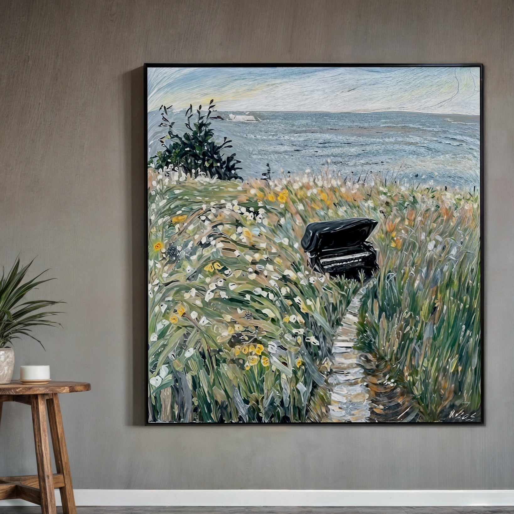 Melodic Seclusion grand piano in wildflowers canvas wall art by the sea