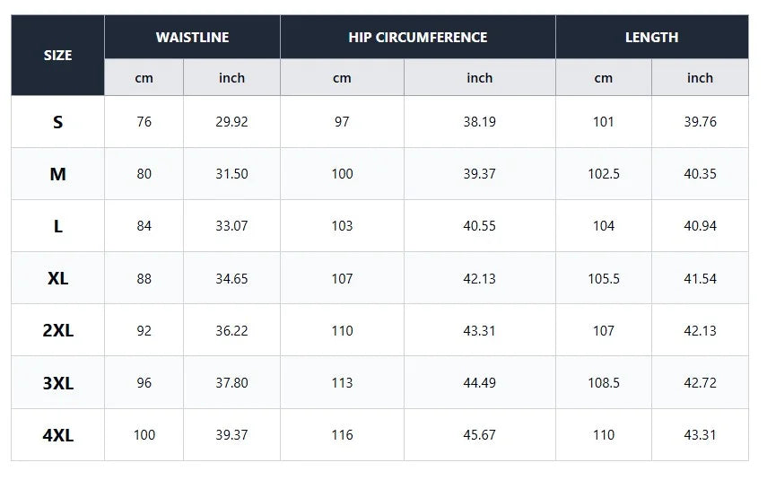 Men's casual cargo pants size chart showing waistline hip circumference and length S to 4XL