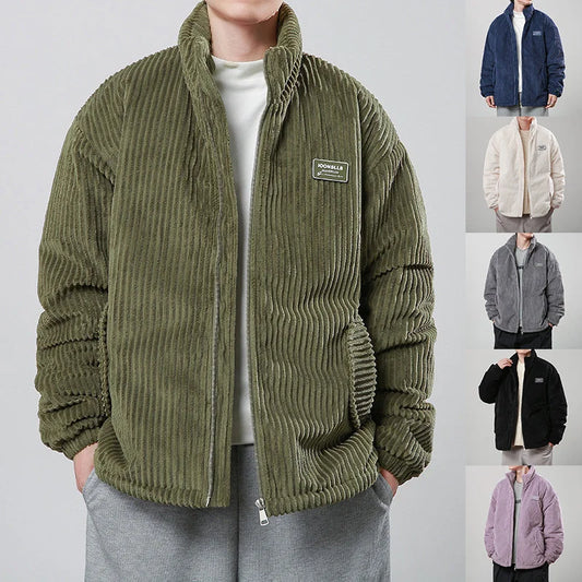 Men’s corduroy padded coats displayed together in army green, dark blue, beige, gray, black, and light purple variations