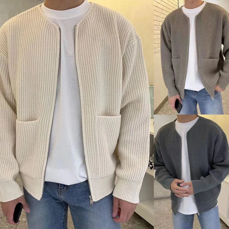 Men’s knit zip cardigans displayed in apricot, khaki, and gray color variations