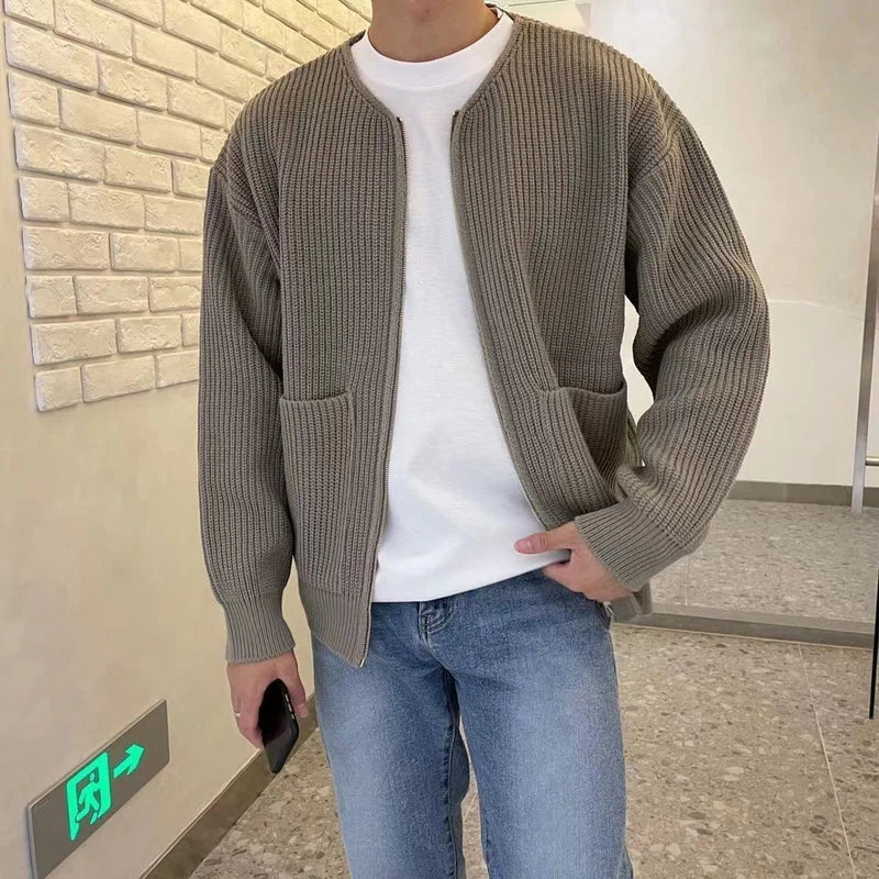 Men’s knitted zip-up cardigan in khaki styled with a clean casual outfit