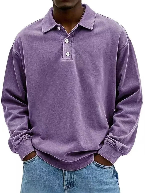 Men’s long-sleeve polo sweatshirt in Purple featuring a washed vintage texture