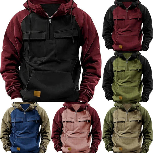 Men’s retro cargo fleece hoodies shown together in wine red, black, army green, sapphire blue, pink, and camel color combinations