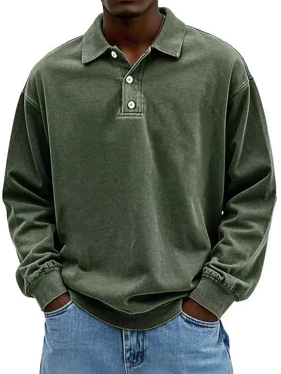 Men’s vintage-wash long-sleeve polo sweatshirt in Army Green styled with jeans