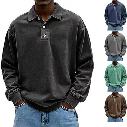 Men’s vintage-wash long-sleeve polo sweatshirt in Black with side previews of Navy Blue, Grey, Green, and Brown color options