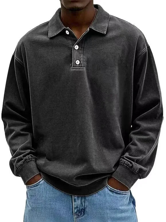 Men’s vintage-wash polo sweatshirt in Black with a relaxed long-sleeve fit