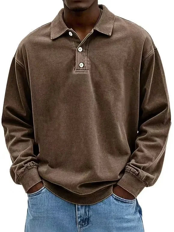 Men’s vintage-wash polo sweatshirt in Brown with a soft, worn-in look
