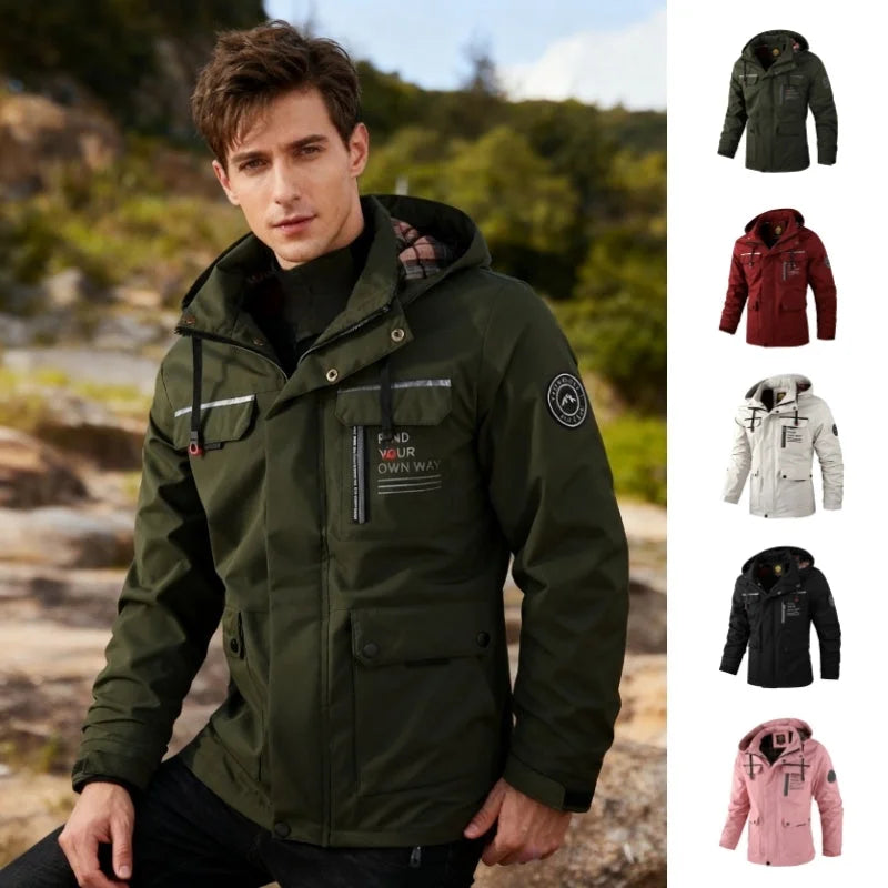 Men’s waterproof windbreaker jackets shown together in army green, red, ivory white, black, and pink color options