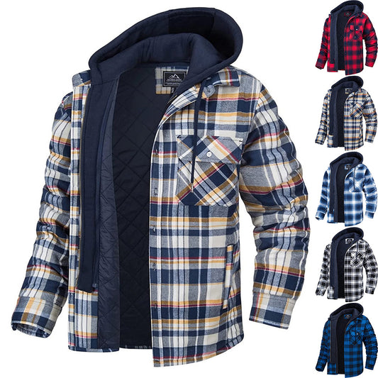 Mens flannel hoodie jacket multiple plaid patterns quilted insulated outerwear