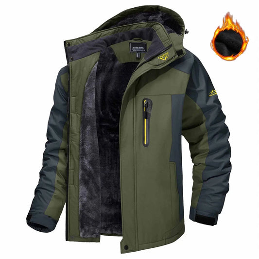 Mens winter jacket waterproof with army green colorblock design and fleece lining