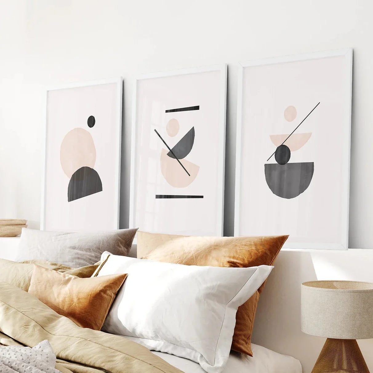 Mid-century abstract beige and black wall art set of 3 prints