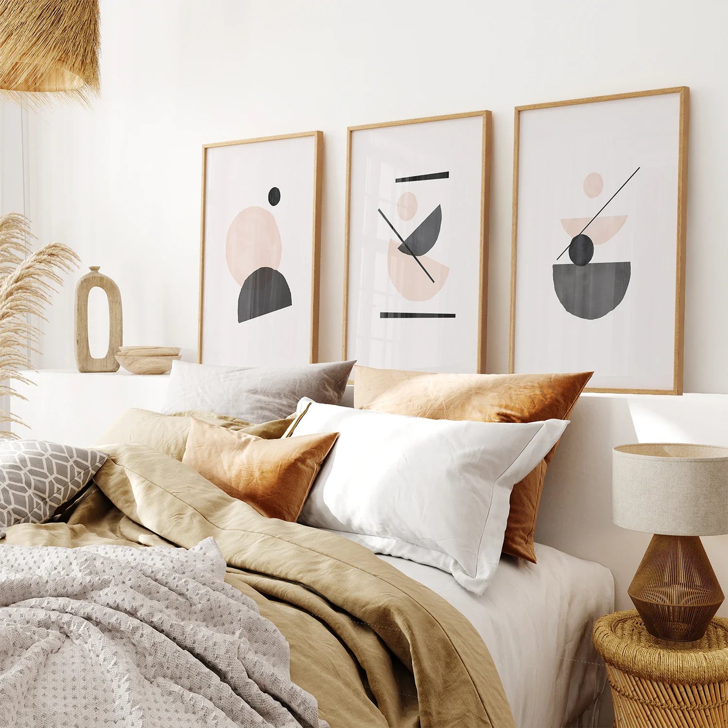 Mid-Century Abstract Art Set of 3 - Beige and Black Prints