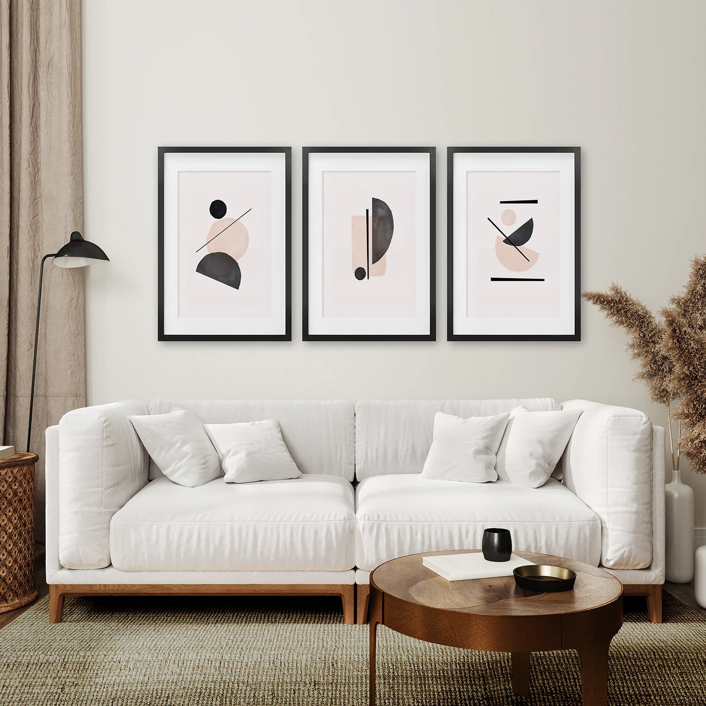 Mid-Century Modern Abstract Wall Art Set of 3 - Beige and Black