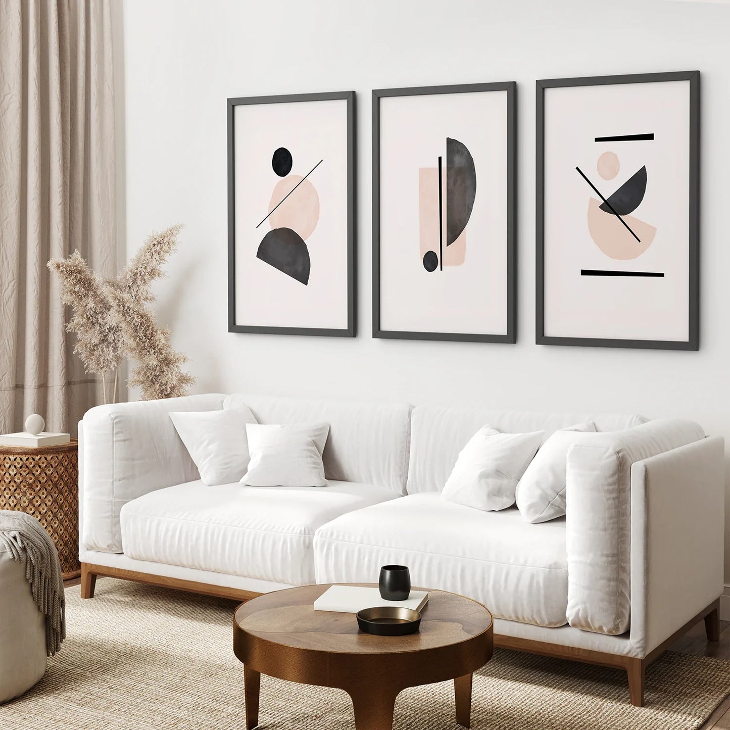 Mid-Century Modern Abstract Wall Art Set of 3 - Beige and Black