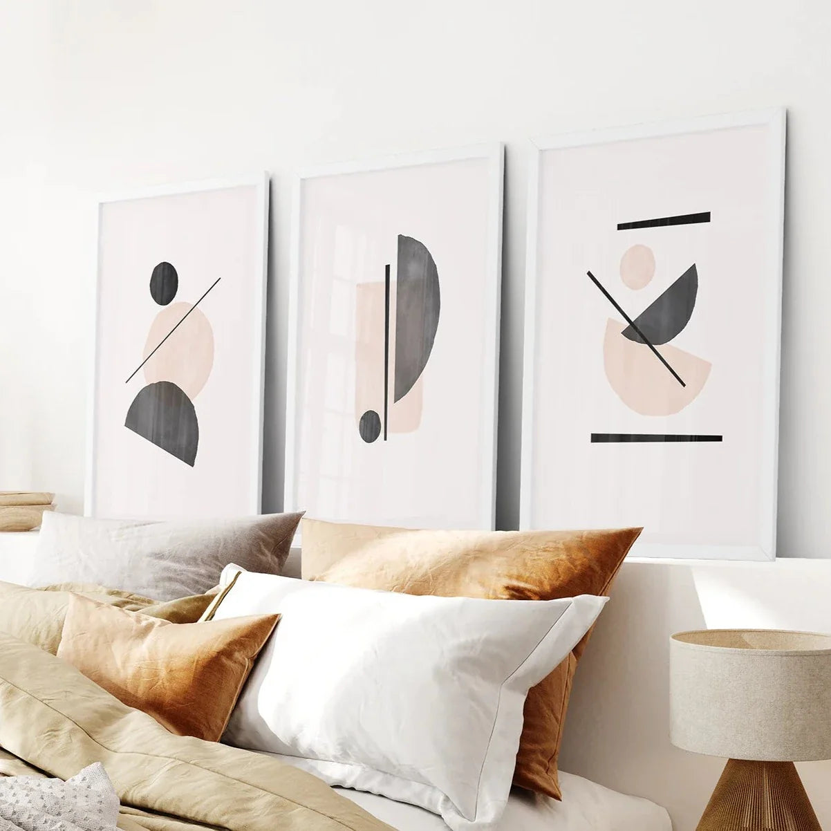Mid-century modern beige and black abstract wall art set of 3