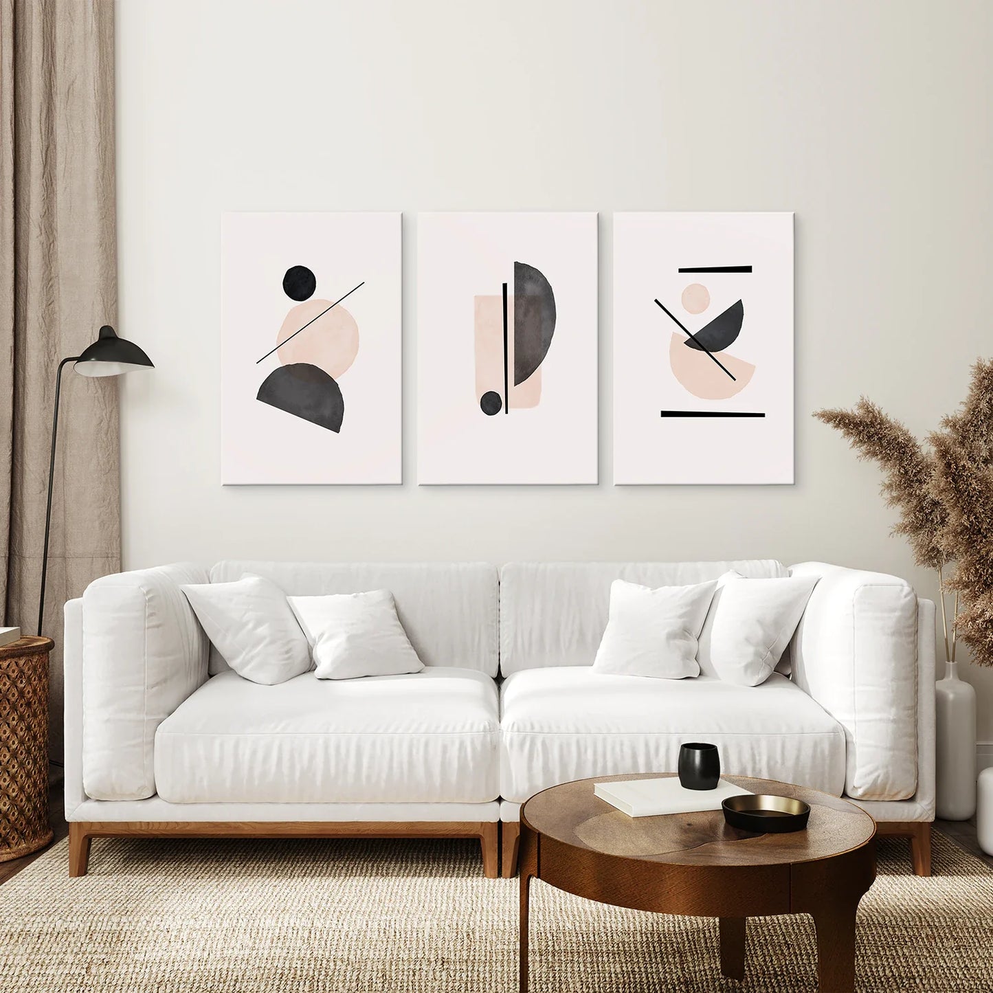 Mid-Century Modern Abstract Wall Art Set of 3 - Beige and Black