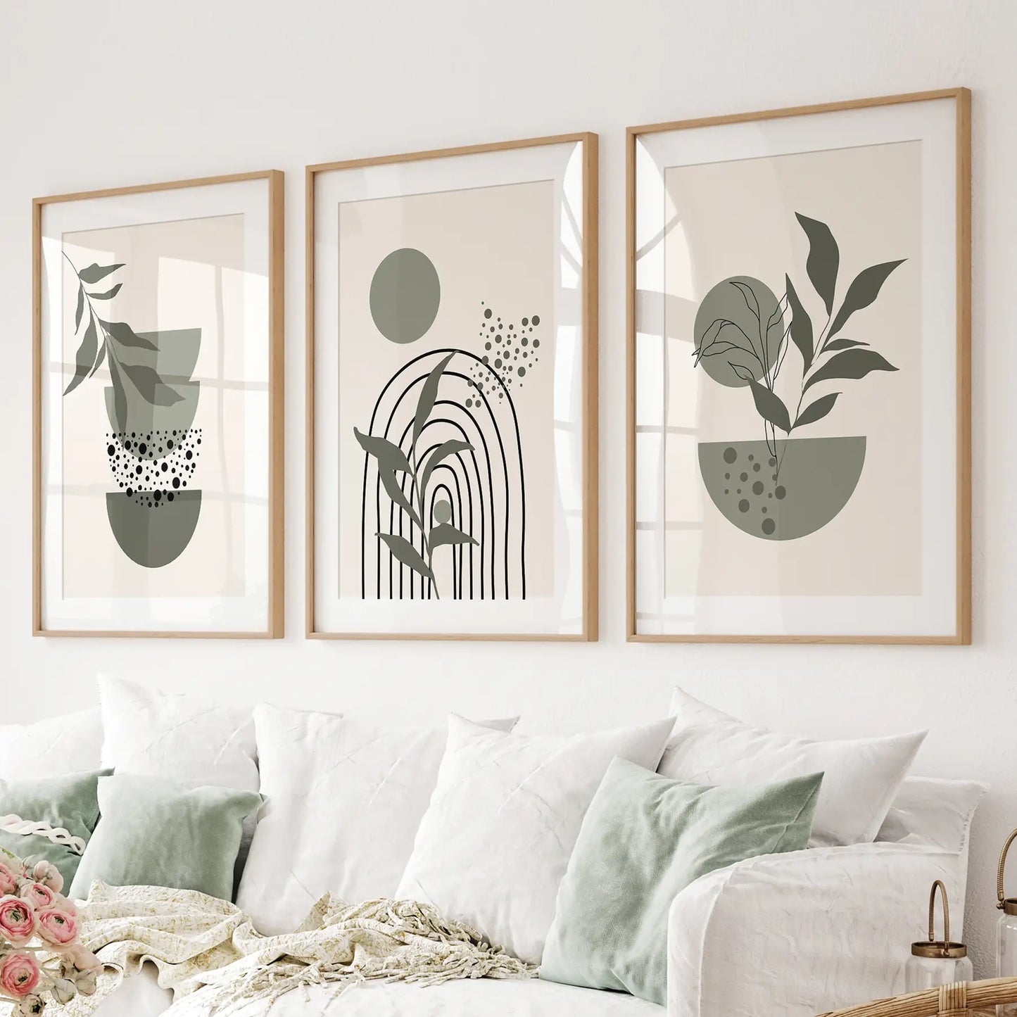Boho Green Mid-Century Abstract Wall Art Set of 3
