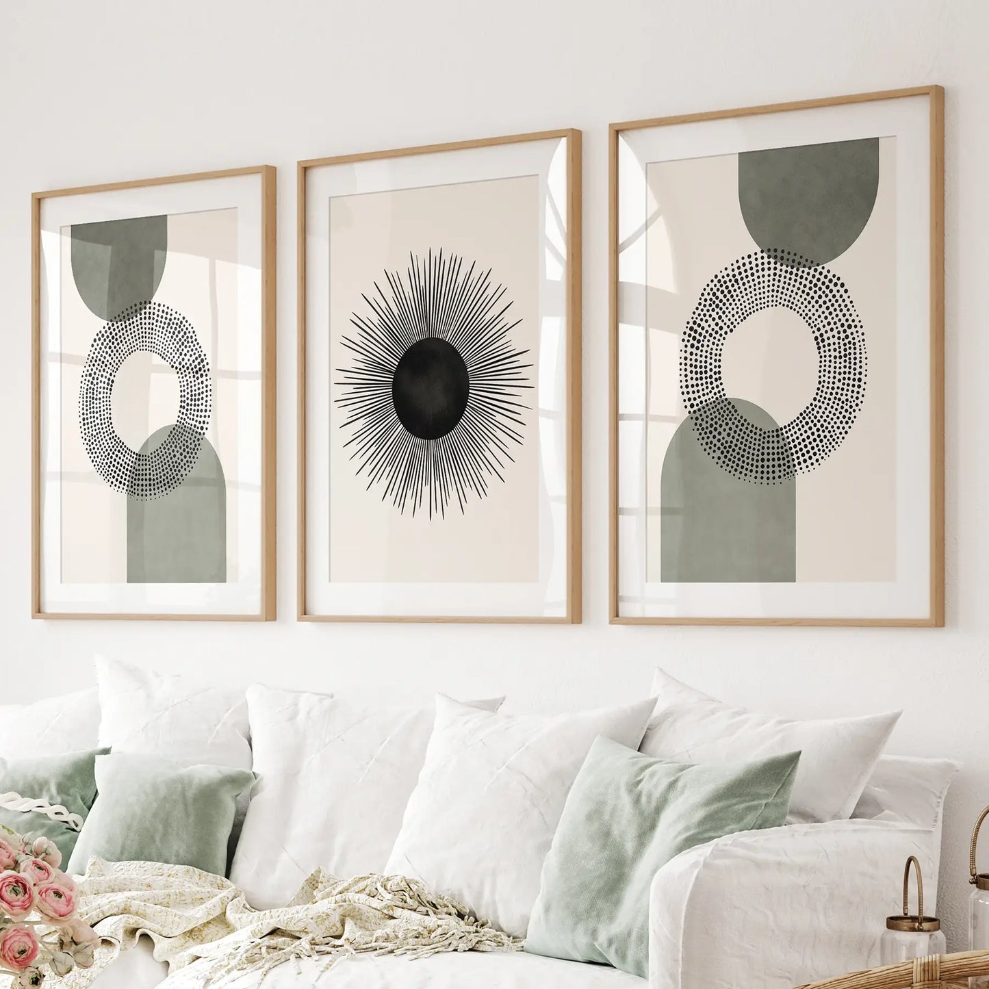 Boho Sage Green Mid Century Wall Art Set of 3