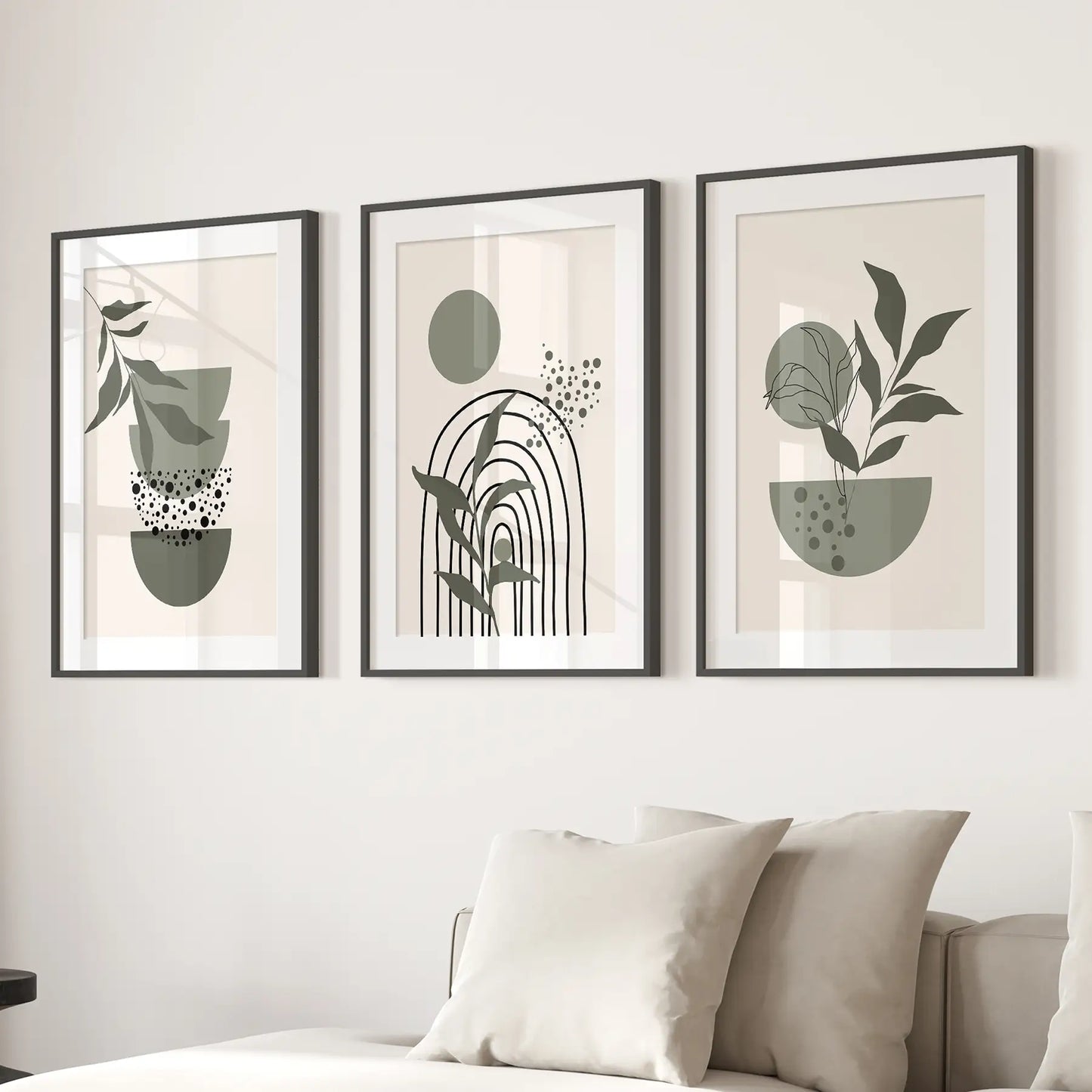 Boho Green Mid-Century Abstract Wall Art Set of 3