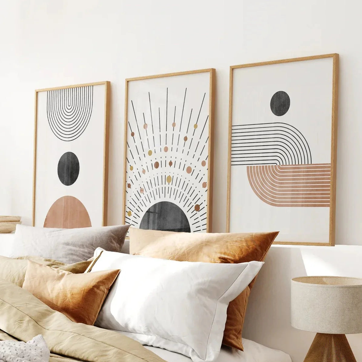 Geometric boho mid-century wall art set of 3 prints in brown and beige