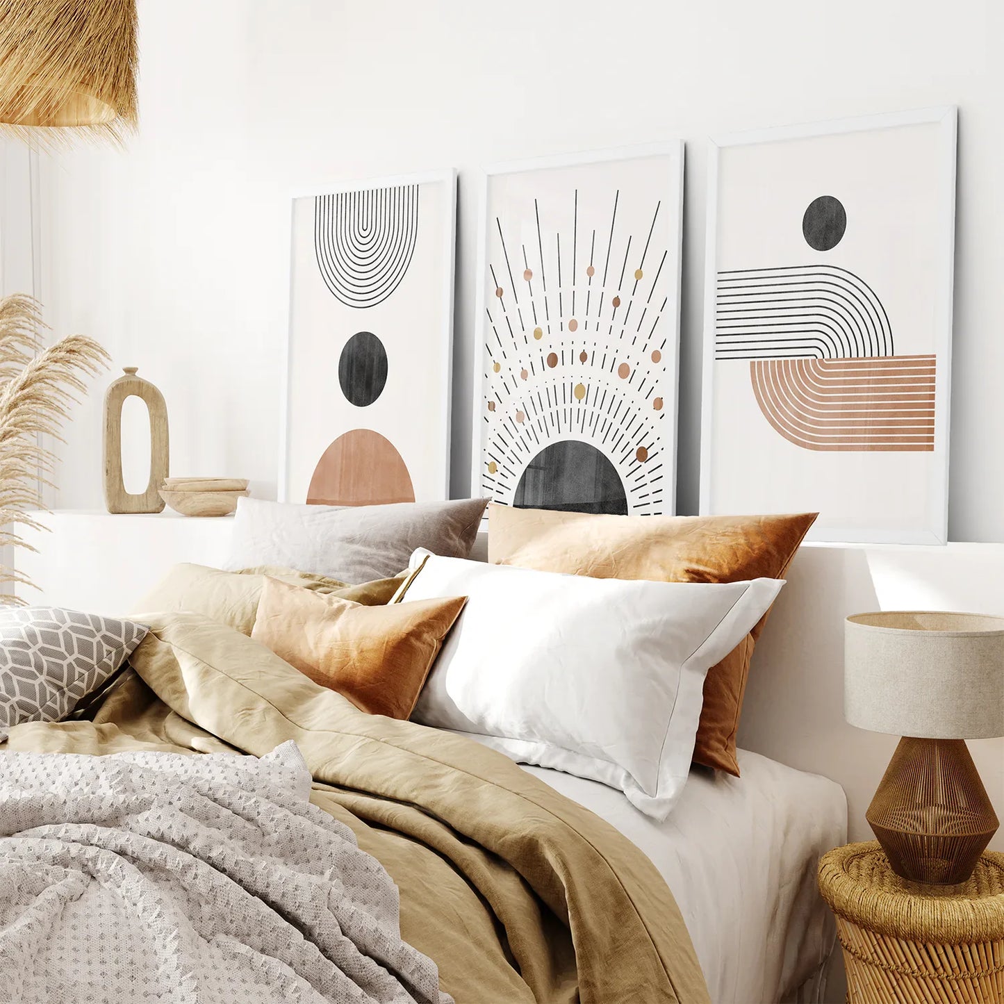 Geometric Boho Wall Art Set of 3, Mid-Century Prints