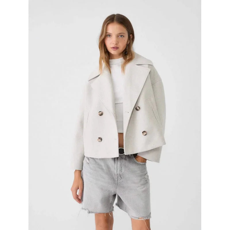 Milky white women's double breasted lapel blazer cropped jacket casual style worn